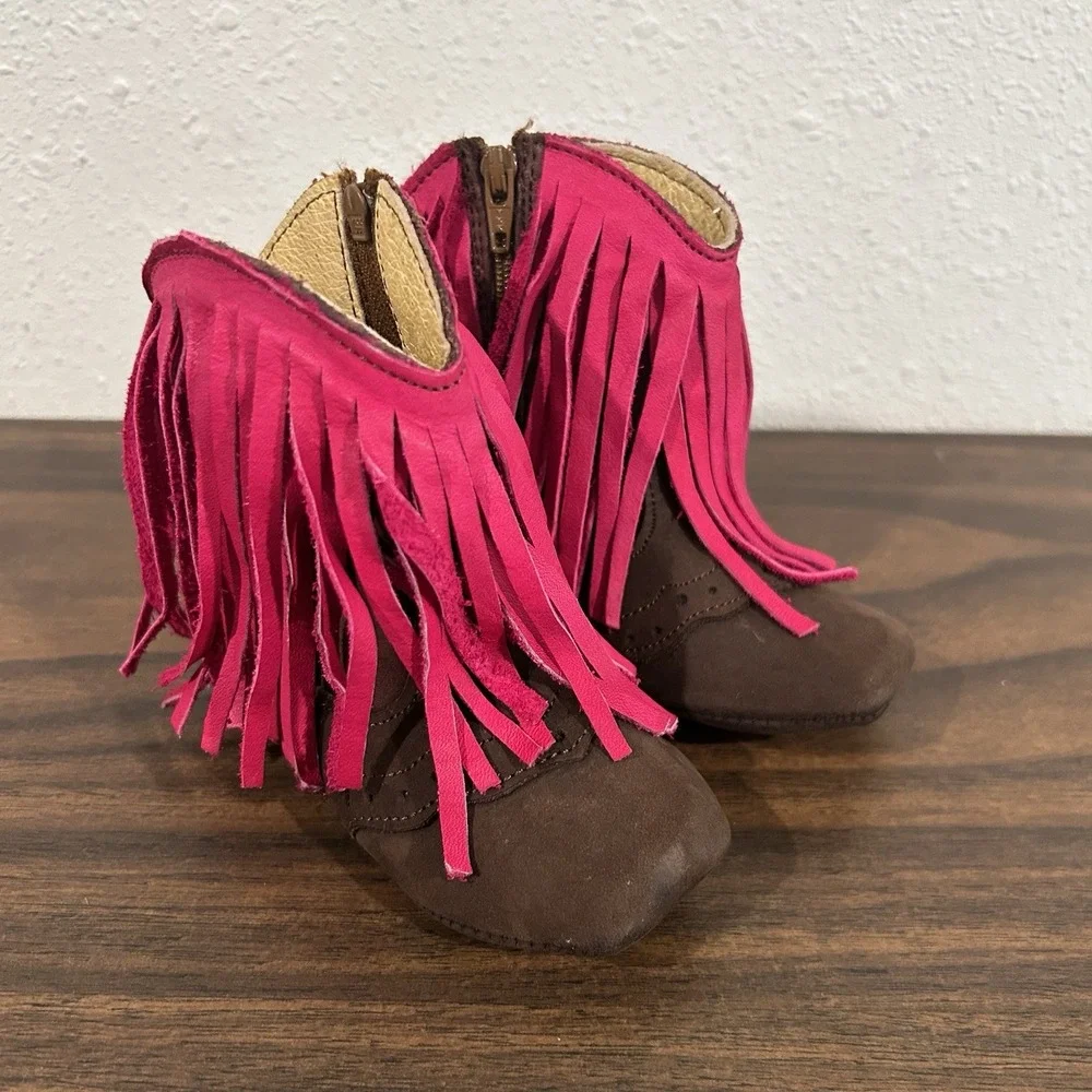 Redhawk Baby Girls Leather Cowboy Boots Moccasin Western Soft Fringe Pink Suede